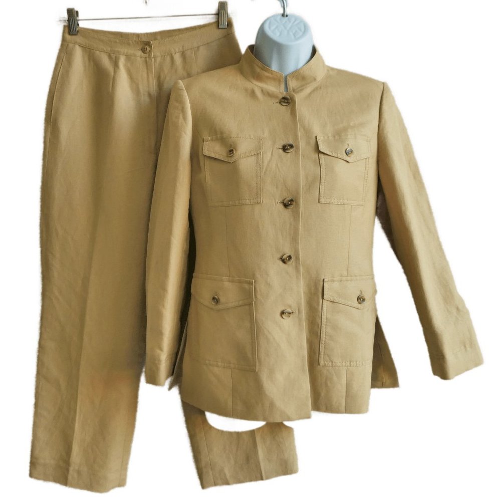 LiNEN Rayon Safari Pantsuit Full Lined Tan Cargo Pockets Band Collar Kasper 2P